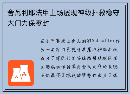 舍瓦利耶法甲主场屡现神级扑救稳守大门力保零封 舍瓦利耶法甲主场屡现神级扑救稳守大门力保零封